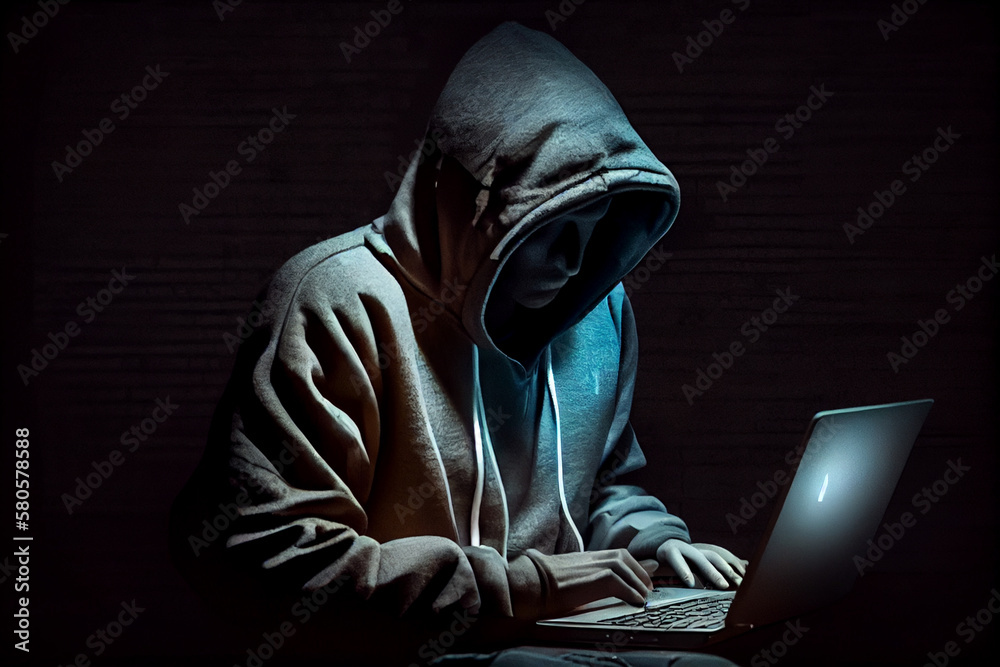 Poster A person in a hoodie typing on a laptop while sitting in a darkened room, which is a stereotype of a hacker but may also convey a sense of clandestine activity and technical expertise.