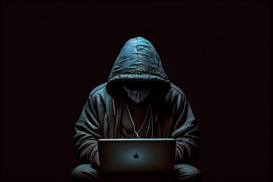 A person in a hoodie typing on a laptop while sitting in a darkened room, which is a stereotype of a hacker but may also convey a sense of clandestine activity and technical expertise.