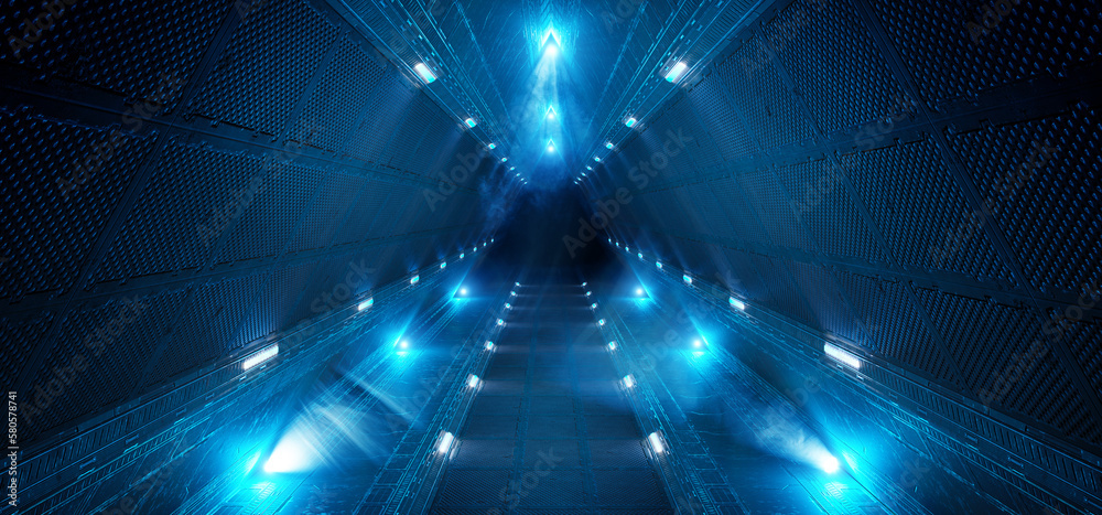 Aufkleber Futuristic interior corridor with blue neon lights walls. Triangle shaped spaceship background in space station. Pyramid style tunnel with lit path way. Cyber room with laser. 3d rendering