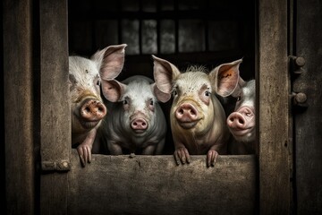 On a farm yard, pigs wait for food. pigs in the pen. Portrait animal. Generative AI