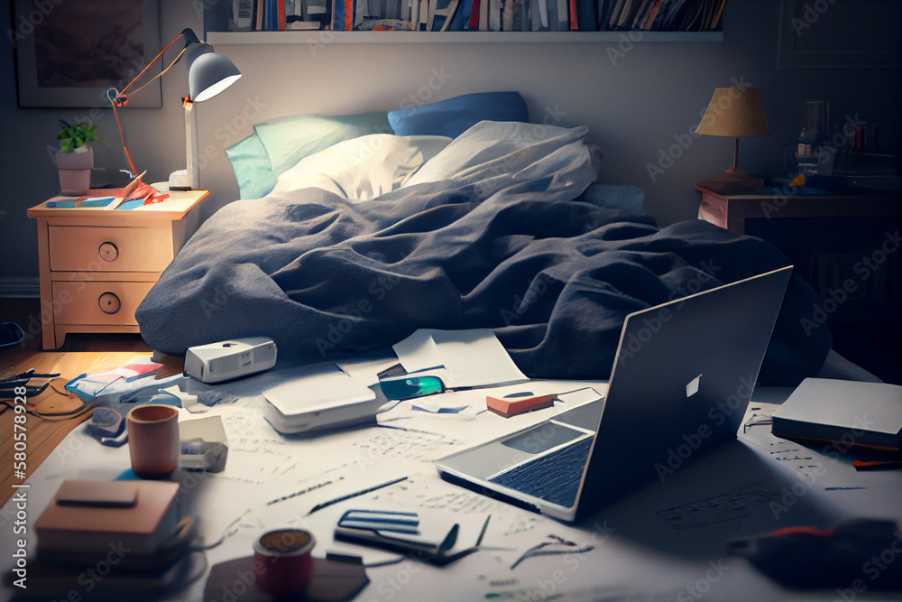 Poster laptop at their home desk, with a cup of coffee and some plants in the background. the image aims to