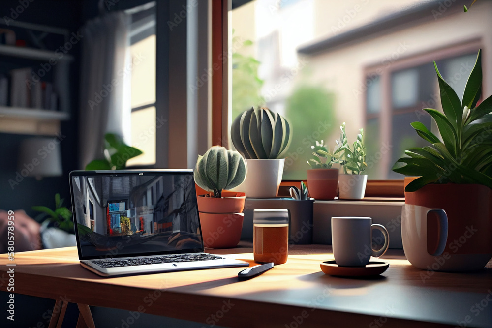 Aufkleber laptop at their home desk, with a cup of coffee and some plants in the background. the image aims to
