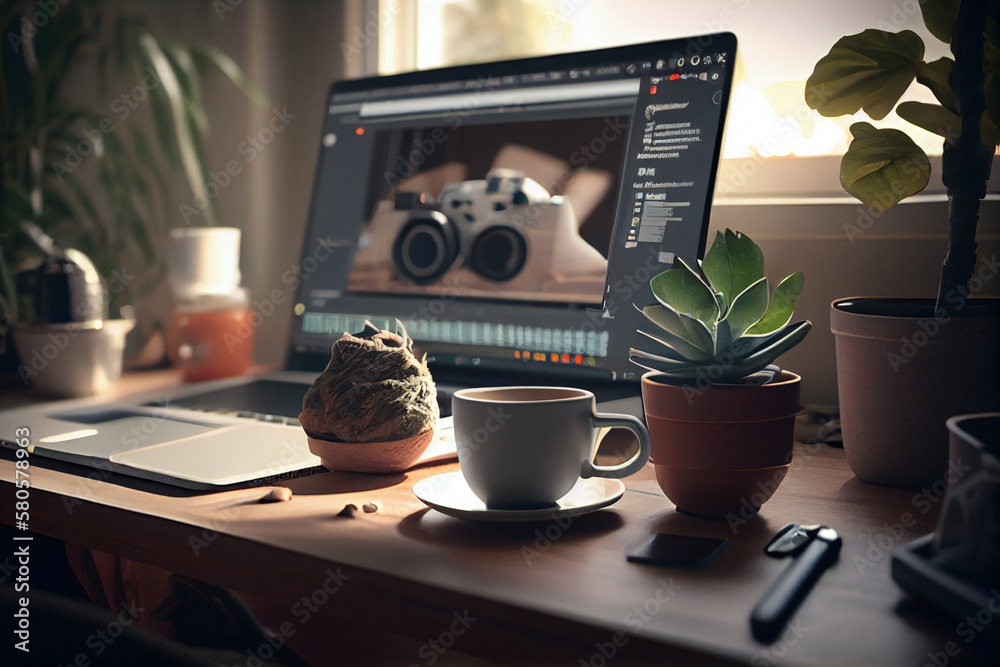 Poster laptop at their home desk, with a cup of coffee and some plants in the background. the image aims to