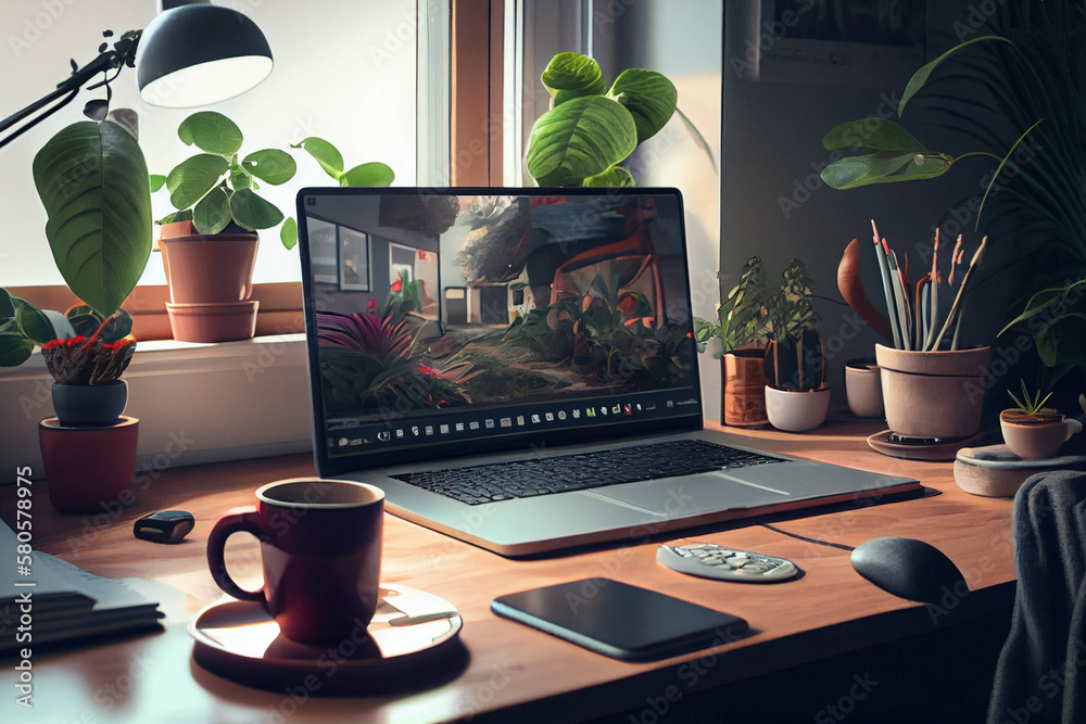 Poster laptop at their home desk, with a cup of coffee and some plants in the background. the image aims to
