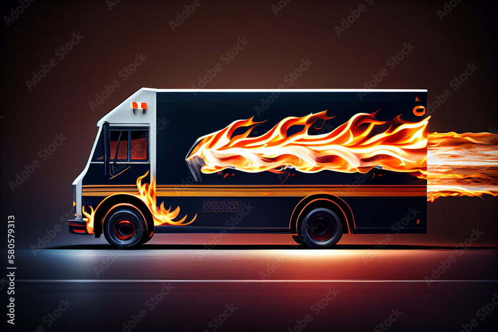 Aufkleber a graphic image of a delivery truck with flames or other symbols indicating speed and fast delivery.