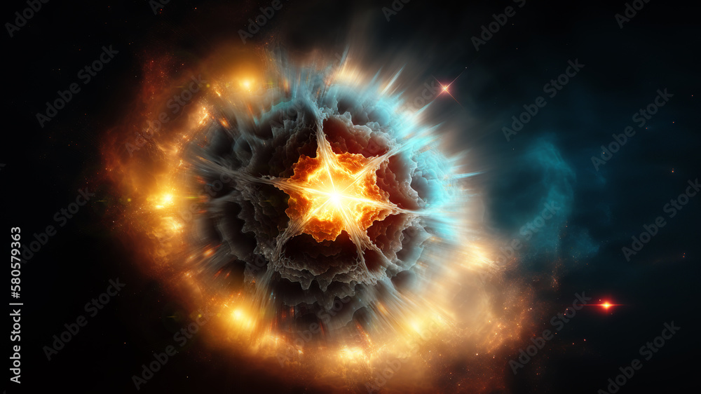 Poster View of the birth of a star in space during a nebula explosion. Nuclear fusion of cosmic clouds of gas and dusts. Universe background. Generative ai