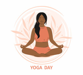 Yoga day. Woman meditating, practicing yoga. Vector illustration.