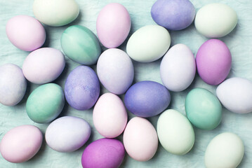 Festive multicolor easter eggs on the table