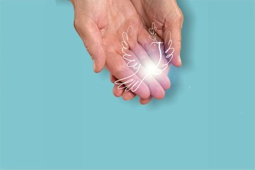 Hands holding a illustration pigeon. Peace Day concept.