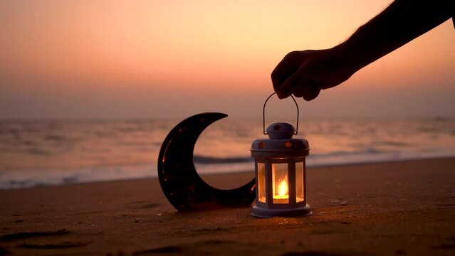 Eid Mubarak Concept Video, Ramadan Lantern lamp on the beach