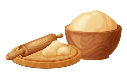 Fresh raw dough for bakind. Homemade tasty bread. Cartoon of wooden kitchen rolling pin. Vector illustration for menu, cafe, restaurant