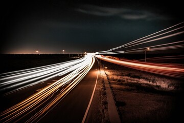 Fototapeta na wymiar Long exposure photo of a highway at night. Urban and modern design, transportation and infrastructure, speed and movement, efficiency and progress. Generative AI