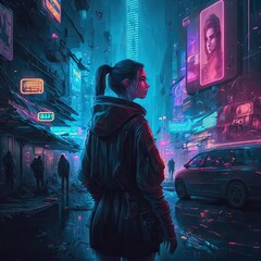 Fototapeta na wymiar Beautiful neon night in a cyberpunk city. Photorealistic