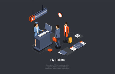 Fly Tickets Buying And Travelling by Plane Concept. Business People Waiting At The Passport Control Desk. Characters Waiting For Flight Boarding Information. Isometric 3d Cartoon Vector Illustration