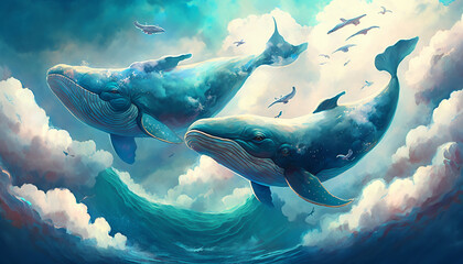 Obraz na płótnie Canvas Illustration whales fly over clouds and cities