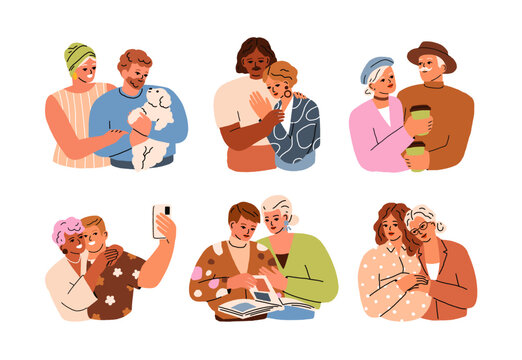 Diverse love couples set. Romantic fond men, women together. Affectionate young and senior characters in sweet moments. Affection and fondness. Flat vector illustrations isolated on white background