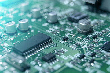 Closeup of Printed Circuit Board with processor, integrated circuits and many other surface mounted...