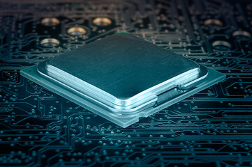 LGA package CPU IC close up on printed circuit board background
