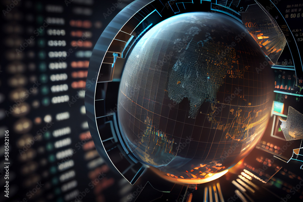 Poster image of stock market charts and graphs indicating the rise or fall of global economies. generative 