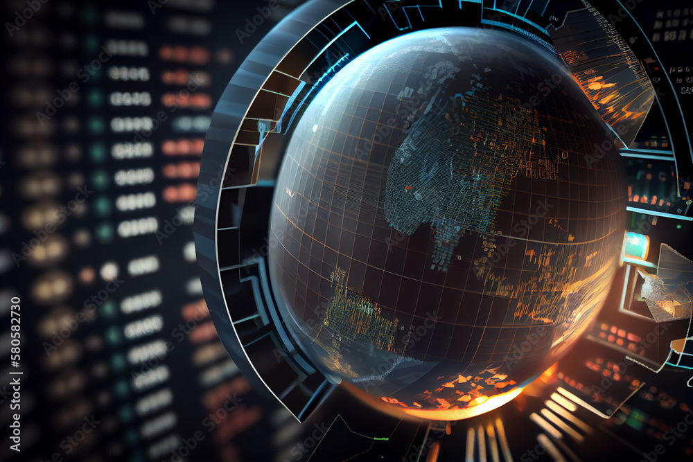 Poster image of stock market charts and graphs indicating the rise or fall of global economies. generative 