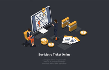 Metro Ticket Online Buying Concept. Passenger Buy Ticket Online Using Smartphone. Female Characters At Subway Gate Automatic Checkpoint Entering Underground. Isometric 3d Cartoon Vector Illustration