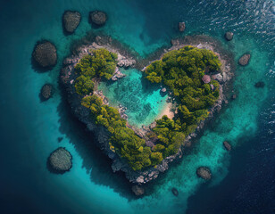 Love Vacation Concept. Aerial Shot of Paradise Island in the Shape of a Heart. Generative AI.