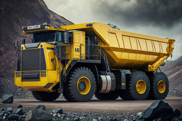 large dump truck for quarries. At the job site is a large yellow mining truck. Coal being loaded into a truck body. manufacture of valuable minerals, generative AI