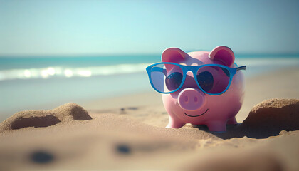 Fototapeta na wymiar pink piggy bank saving with sunglasses on beach sand background on a vaction sunny day with Generative AI Technology
