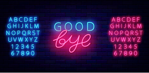 Good bye neon label. Glowing lettering. Close sign on brick wall. Farewell concept. Vector stock illustration
