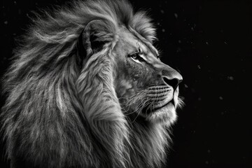 black and white picture of a lion on a black background. Generative AI