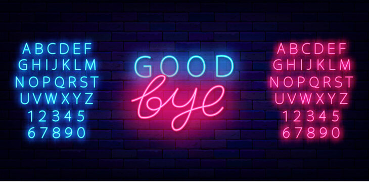 Good bye neon label. Glowing lettering. Close sign on brick wall. Farewell concept. Vector stock illustration