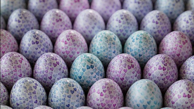 Pink and Blue Easter Background. Collection of Neatly arranged Eggs with Heart Patterns.