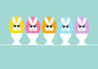 Karte 5 Weiße Osterhasen Maske Sonnenbrille In Ei Eierbecher Vorn Türkis