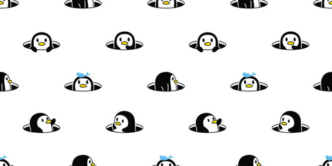 penguin seamless pattern bird vector duck hiding hole cartoon repeat wallpaper tile background gift wrapping paper illustration scarf isolated design © CNuisin