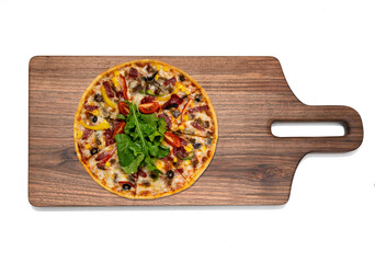 Pizza on a wooden cutting board isolated on white background with clipping path