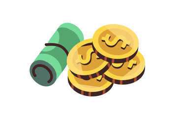 Money, rolled banknotes and gold coins. Cash savings, dollar bills. Financial concept. Green banknotes and metal finance. American currency. Flat vector illustration isolated on white background