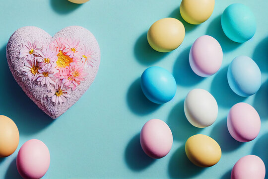 Colorful design in pastel pink and blue colors with flowers, easter eggs and a pink heart. Easter backdround image, generative AI illustration
