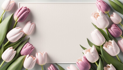 A delicate Mother's Day greeting card with tulips. Copyspace, mockup. Generative AI.
