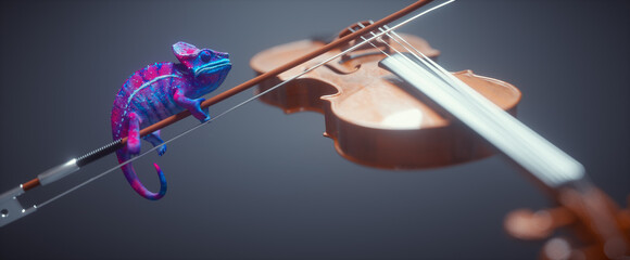 A colorful chameleon sits on a violin bow.