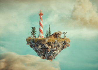 Floating island with a lighthouse .