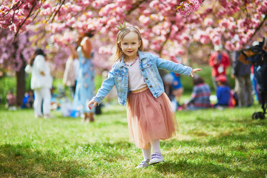 preschooler girl in tutu skirt enjoying nice spring day in cherry blossom garden