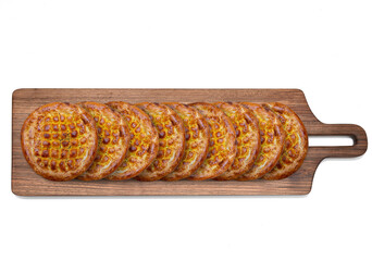 ramadan pita on wooden board. Traditional Ramadan bread.
