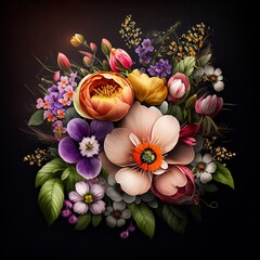 Flower bouquet with spring flower different fragrant beautiful eye-catching dark or light background 
with green leaves in between nice Generative AI 