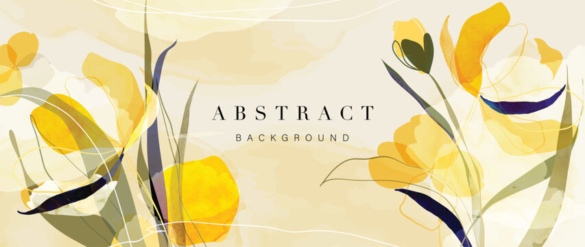 Abstract floral art background vector. Botanical watercolor hand drawn flowers paint brush line art. Design Illustration for wallpaper, banner, print, poster, cover, greeting and invitation card.