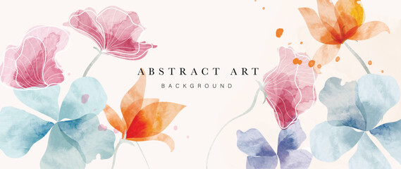 Abstract floral art background vector. Botanical watercolor hand drawn flowers paint brush line art. Design illustration for wallpaper, banner, print, poster, cover, greeting and invitation card. - obrazy, fototapety, plakaty