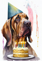 Bloodhound Dog celebrating birthday. Watercolour AI generative illustration. - obrazy, fototapety, plakaty