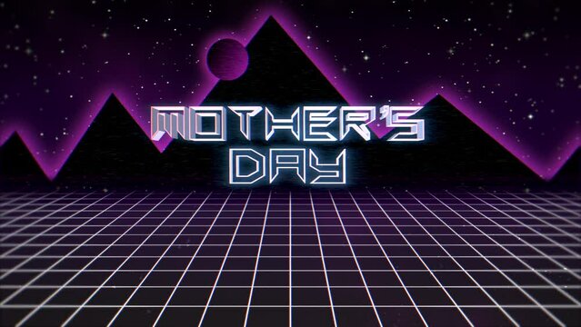 Mother Day with big mountains and grid in 90s style, motion holidays and retro style background
