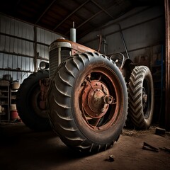 tractor wheel in garage agricultural vehicle for plowing, sowing, harvesting old giant big combine harvester farm Generative AI 