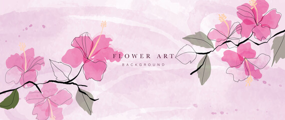 Abstract floral art background vector. Botanical watercolor hand painted pink hibiscus flowers, leaf branch line art. Design for wallpaper, banner, print, poster, cover, greeting, invitation card. 