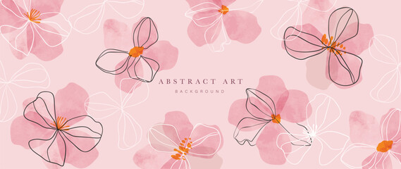 Abstract floral art background vector. Botanical watercolor hand painted pink flowers with black and white line art. Design for wallpaper, banner, print, poster, cover, greeting, invitation card. 